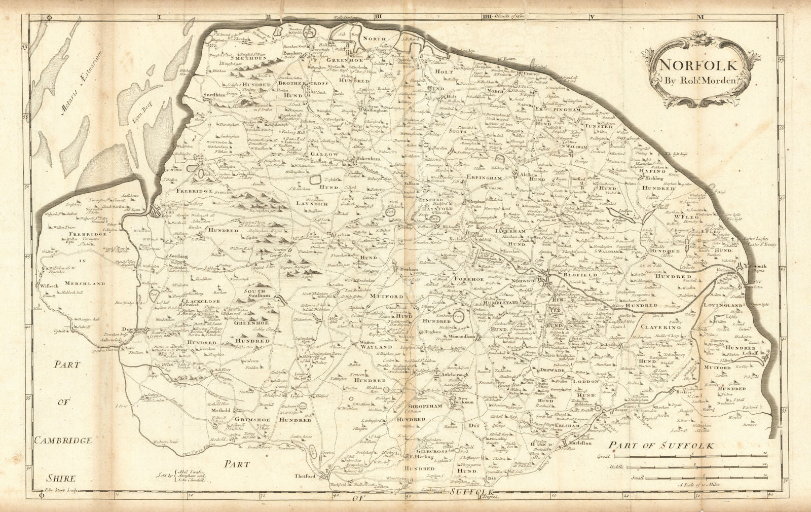 Norfolk by ROBERT MORDEN from Camden's Britannia 1695 old antique map chart
